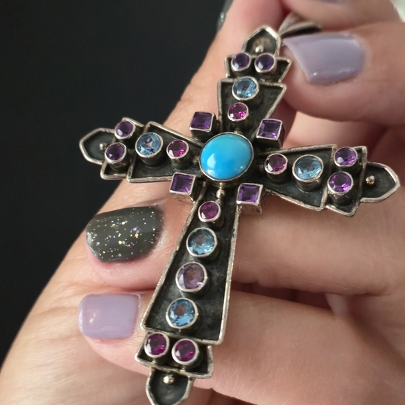 Nicky Butler 925 Sterling Silver Cross Necklace Pendant Turquoise Topaz Vintage - Picture 12 of 16